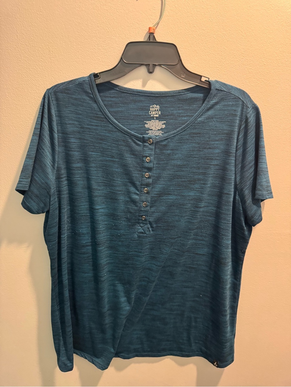 Women’s  Teal Short-Sleeve Happy Camper  Shirt with Button Placket Sz 1